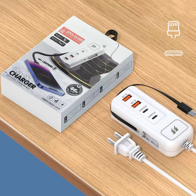 ⚡New Arrivals – Multi-Function Fast Charger 2PD + 2USB! 🔌📱 66W, Built-in Type-C Cable, Safely Charges 4 Devices Simultaneously