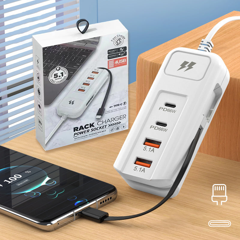 ⚡New Arrivals – Multi-Function Fast Charger 2PD + 2USB! 🔌📱 66W, Built-in Type-C Cable, Safely Charges 4 Devices Simultaneously