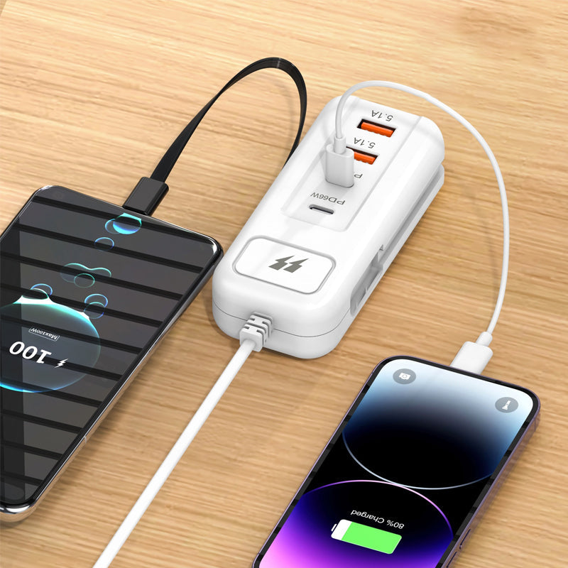 ⚡New Arrivals – Multi-Function Fast Charger 2PD + 2USB! 🔌📱 66W, Built-in Type-C Cable, Safely Charges 4 Devices Simultaneously