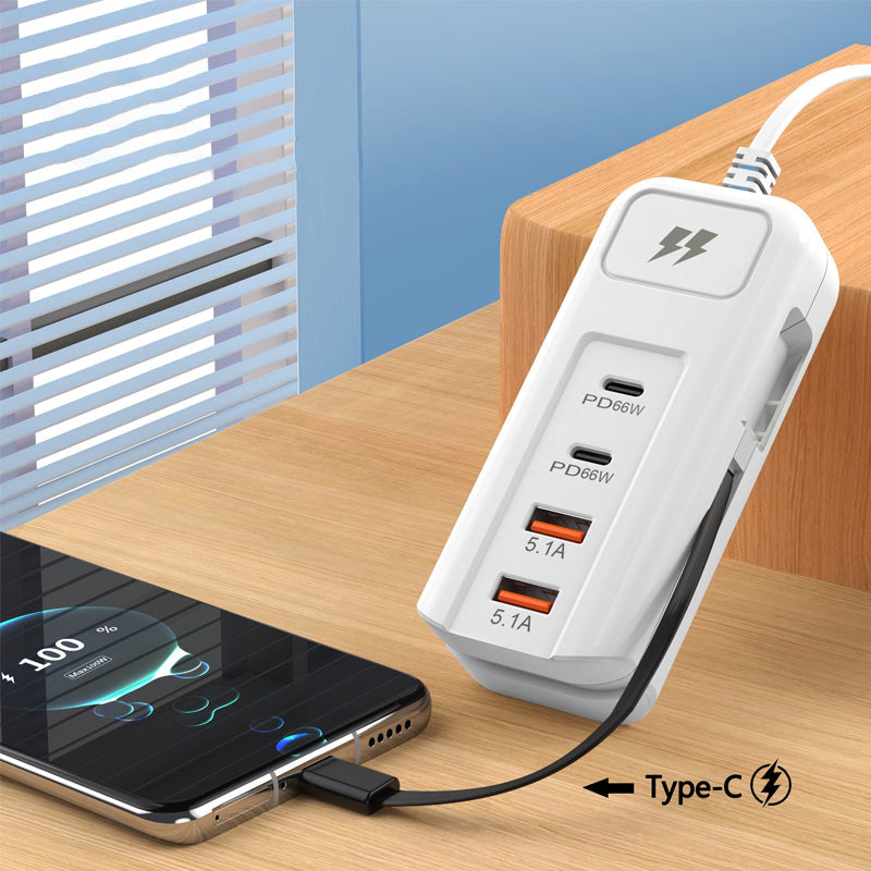 ⚡New Arrivals – Multi-Function Fast Charger 2PD + 2USB! 🔌📱 66W, Built-in Type-C Cable, Safely Charges 4 Devices Simultaneously