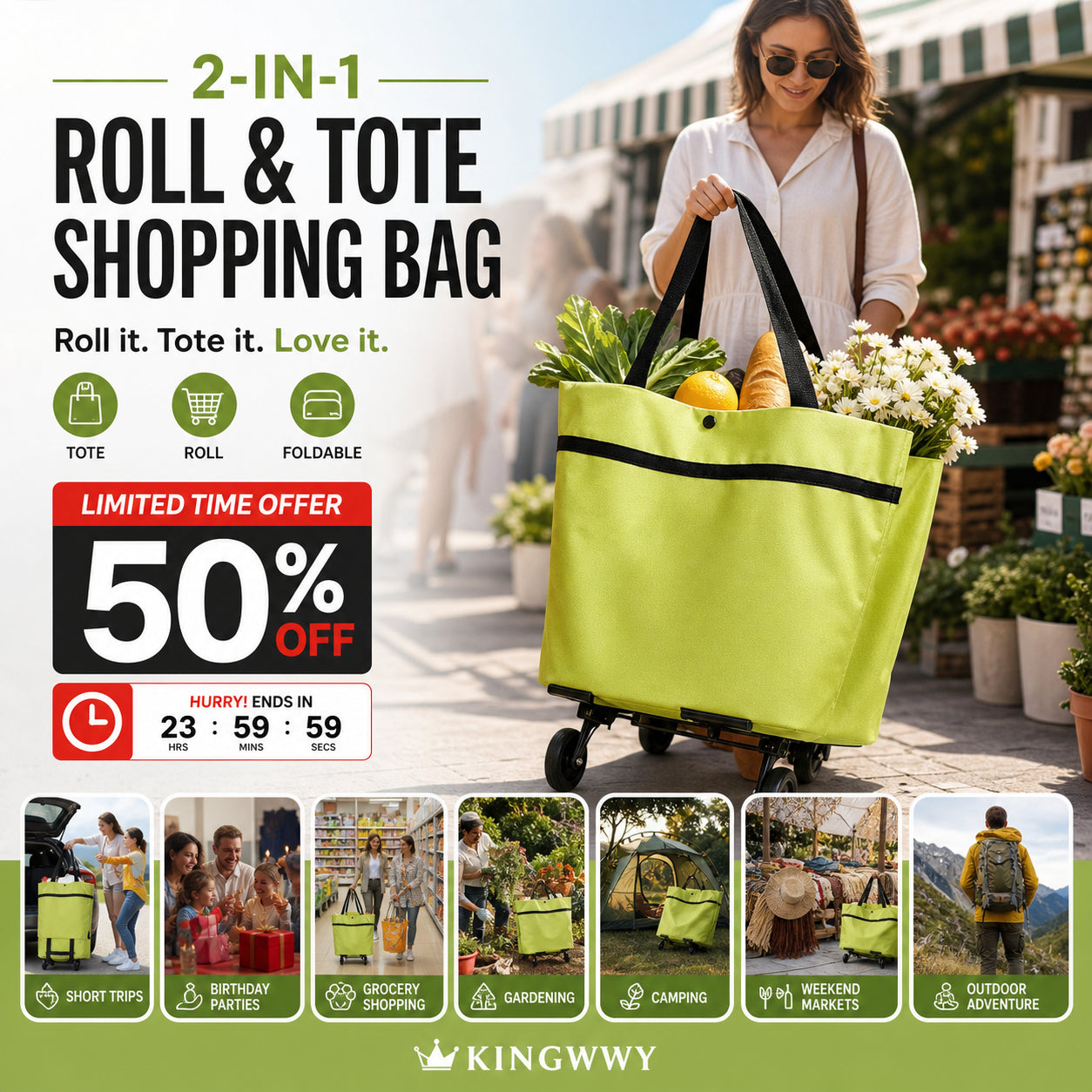 🔥Limited Offer⚡55K+ SOLD!🛍️2-in-1 Convertible shopping tote – hides wheels, holds 20kg, expands with zipper!✅Factory direct sales