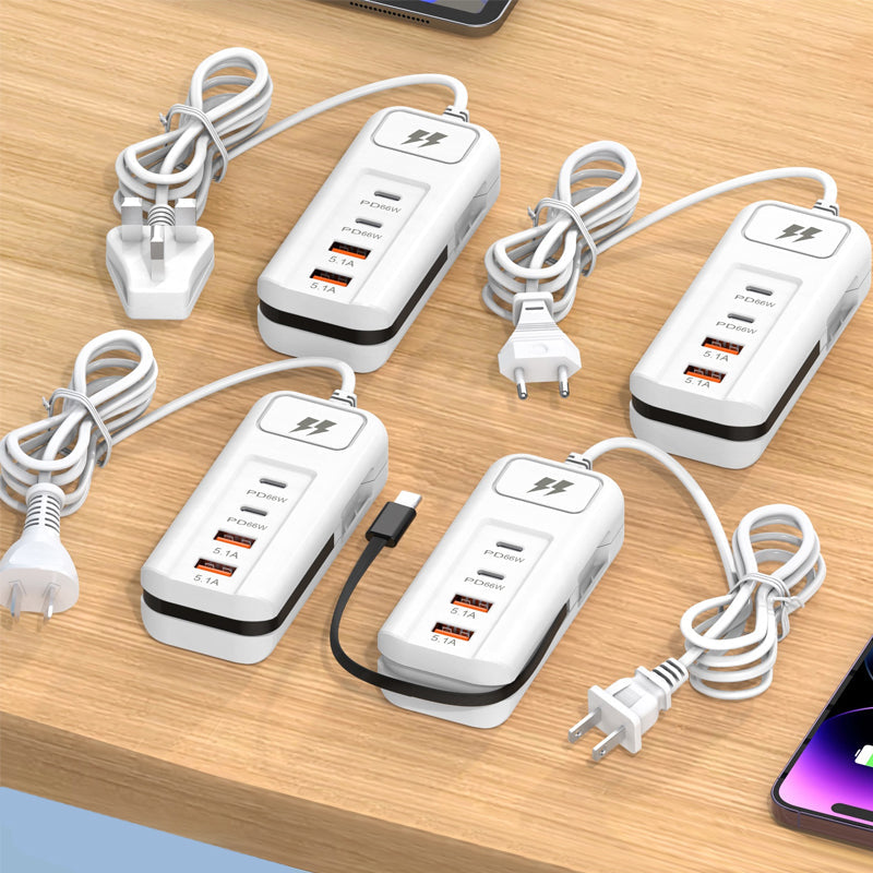 ⚡New Arrivals – Multi-Function Fast Charger 2PD + 2USB! 🔌📱 66W, Built-in Type-C Cable, Safely Charges 4 Devices Simultaneously