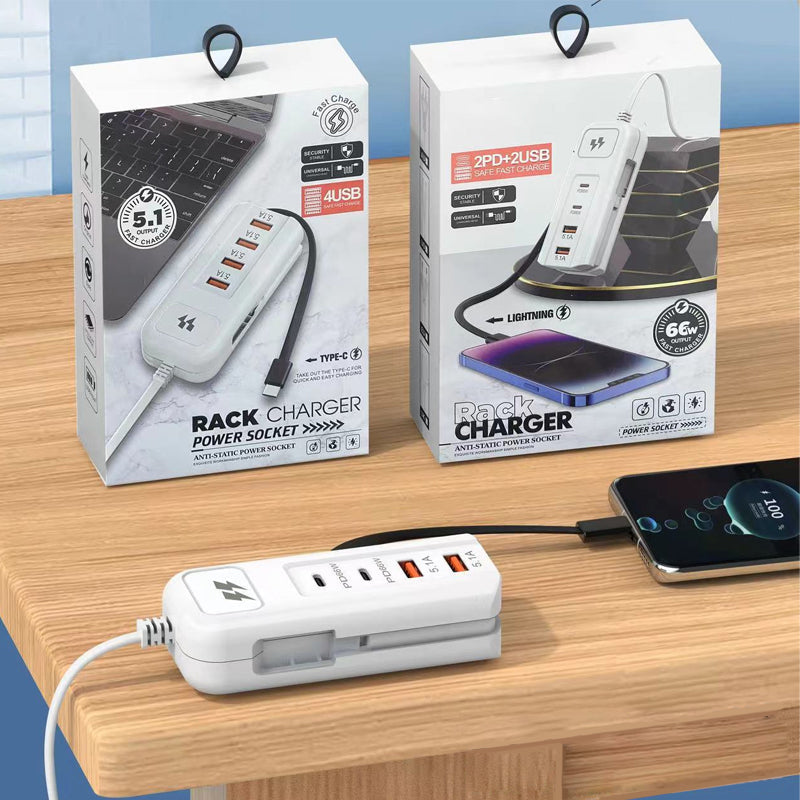 ⚡New Arrivals – Multi-Function Fast Charger 2PD + 2USB! 🔌📱 66W, Built-in Type-C Cable, Safely Charges 4 Devices Simultaneously