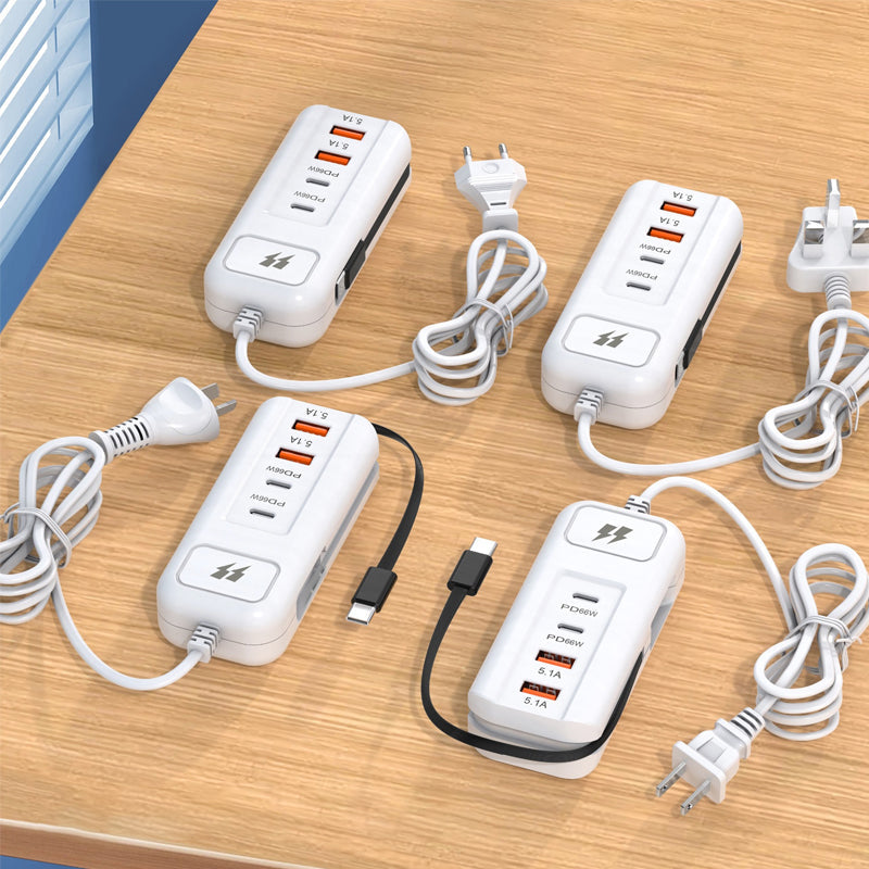 ⚡New Arrivals – Multi-Function Fast Charger 2PD + 2USB! 🔌📱 66W, Built-in Type-C Cable, Safely Charges 4 Devices Simultaneously