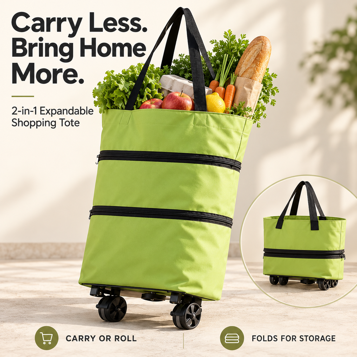 2-in-1 Expandable Shopping Tote with Foldaway Wheels – Reusable Grocery Bag