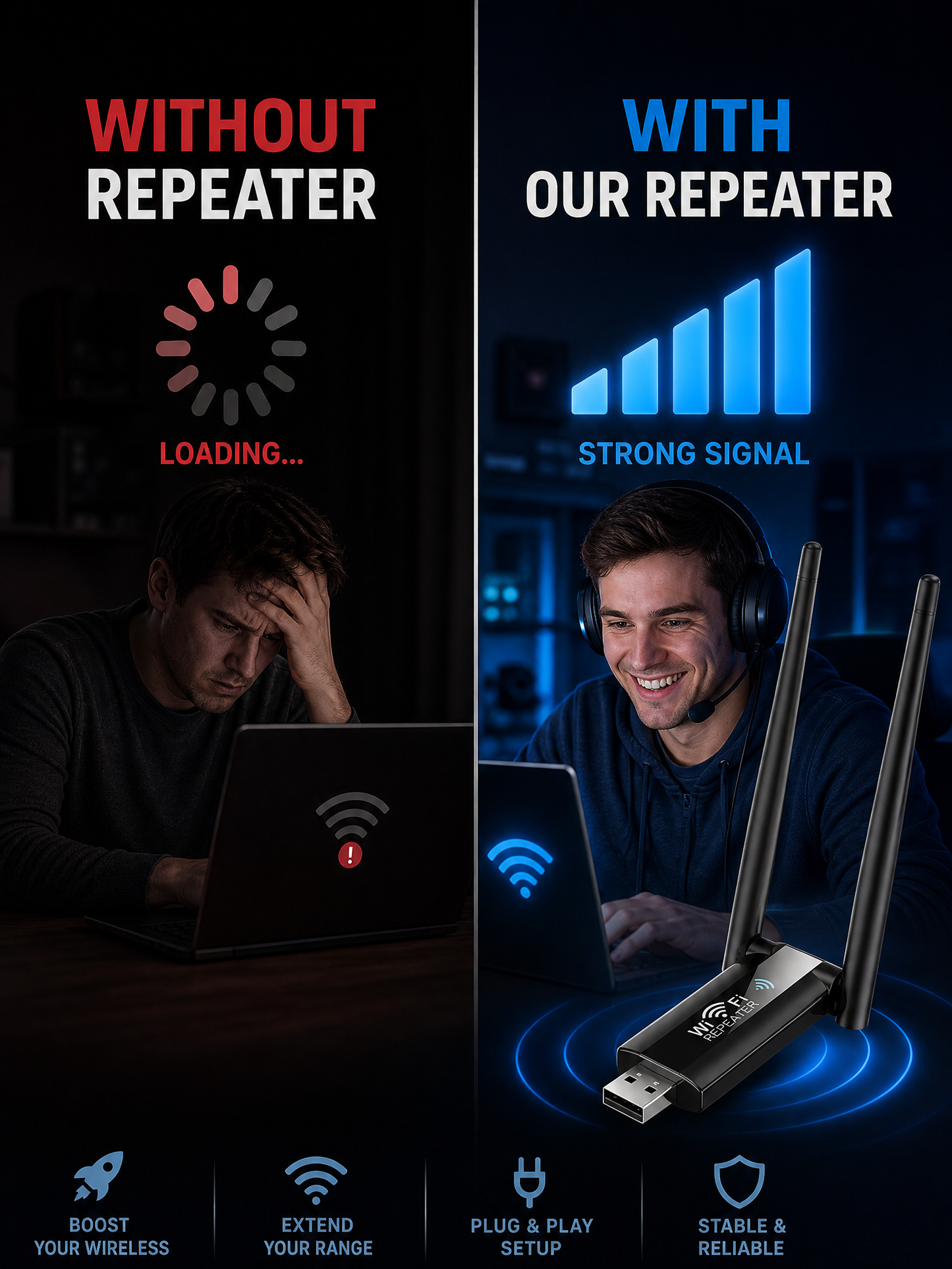 Ultra-Fast USB WiFi Signal Booster - 300Mbps Dual Antenna Range Extender for Home & Office