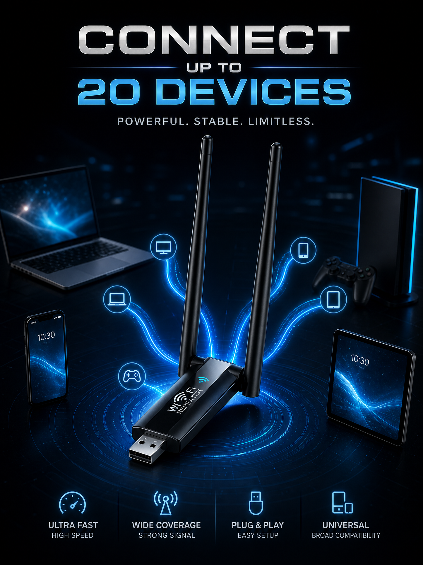 Ultra-Fast USB WiFi Signal Booster - 300Mbps Dual Antenna Range Extender for Home & Office