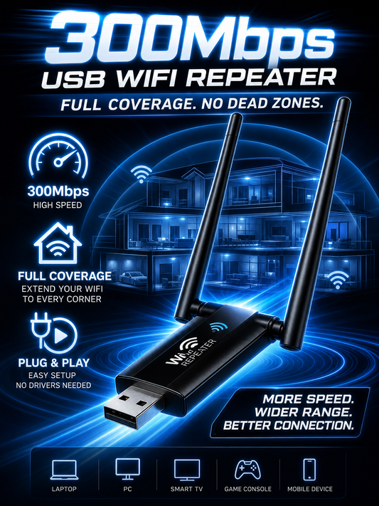 Ultra-Fast USB WiFi Signal Booster - 300Mbps Dual Antenna Range Extender for Home & Office